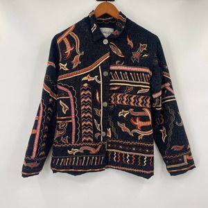 Vintage Chicos Boho Abstract Geometric Embroidered Jacket Button Front Black L